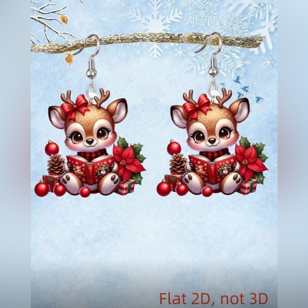 Reindeer Reading A Book Earrings with Red Accents - Picture 2 of 7